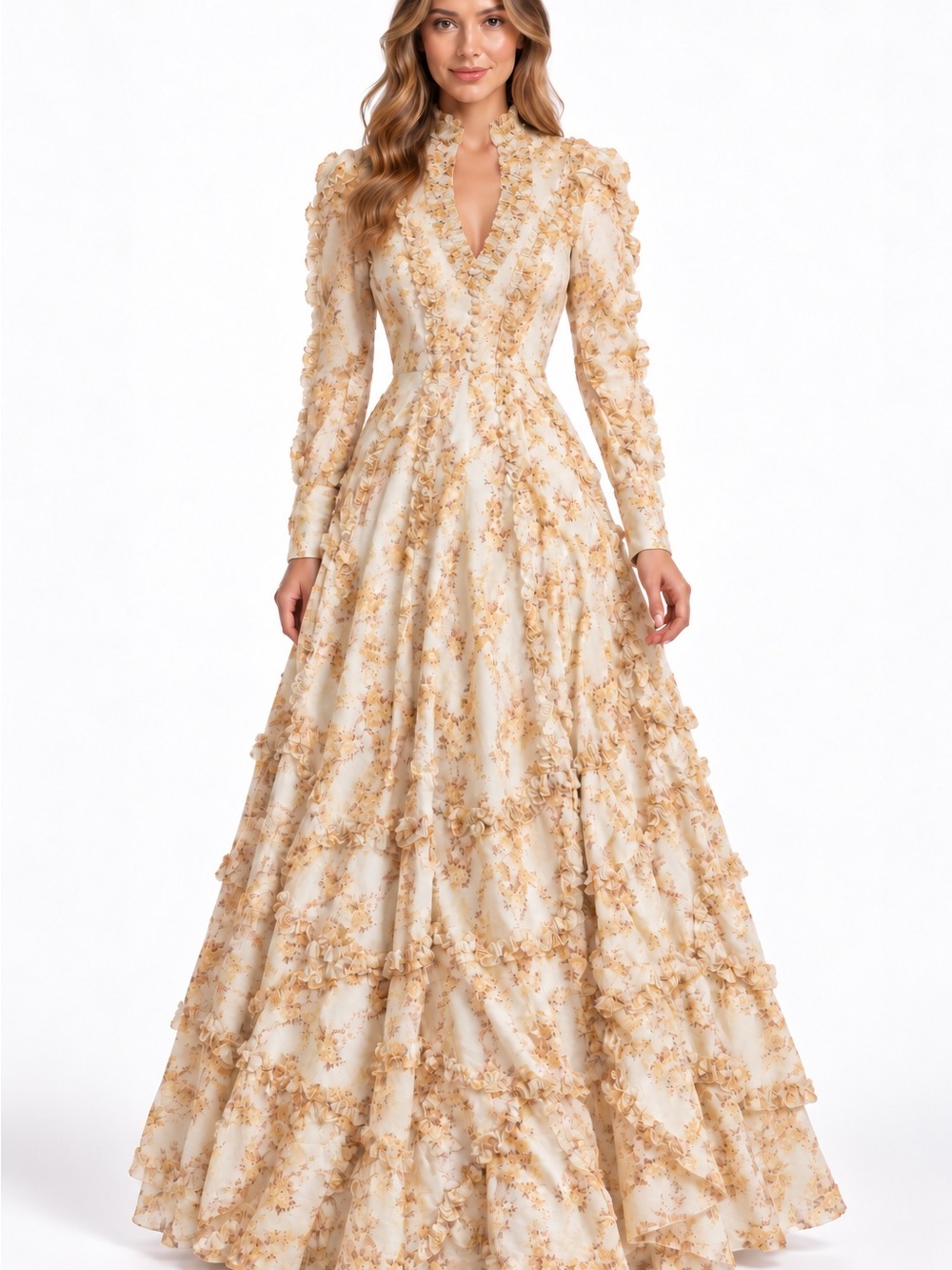 Mac Duggal 8269 Floral Ruffle Long Sleeve Prairie Maxi Gown Ivory Yellow 2 NWT